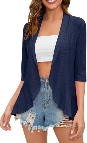 2023 Women's Casual Lightweight Coat Short Open Front Cardigans Soft Draped Ruffles 3/4 Sleeve Cardigan Fall Soft Kimono