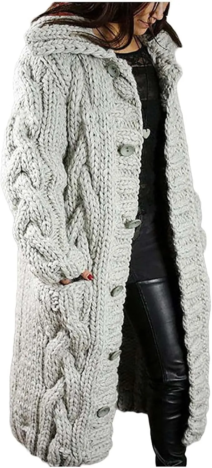 2023 Women's Long Sleeve Cardigans Cable Knit Sweater Open Front Cardigan Sweaters Button Loose Outerwear Winter Coat Jacket