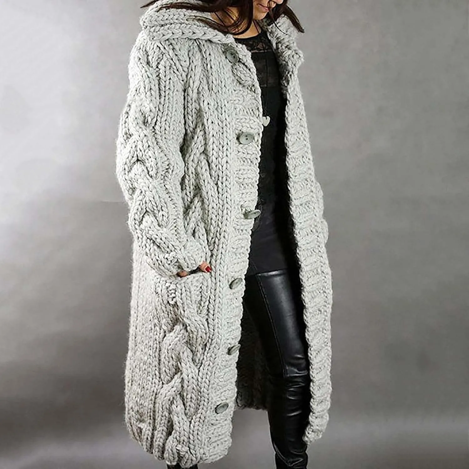 2023 Women's Long Sleeve Cardigans Cable Knit Sweater Open Front Cardigan Sweaters Button Loose Outerwear Winter Coat Jacket