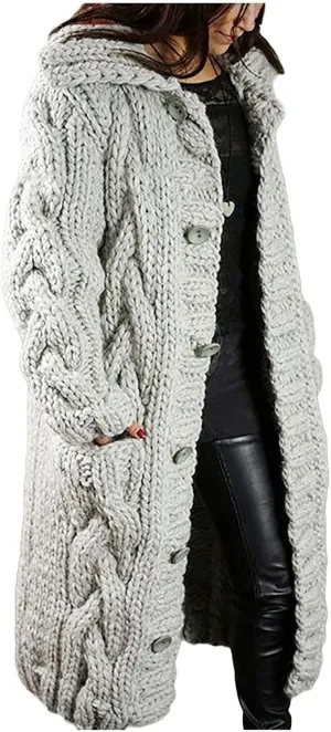 2023 Women's Long Sleeve Cardigans Cable Knit Sweater Open Front Cardigan Sweaters Button Loose Outerwear Winter Coat Jacket