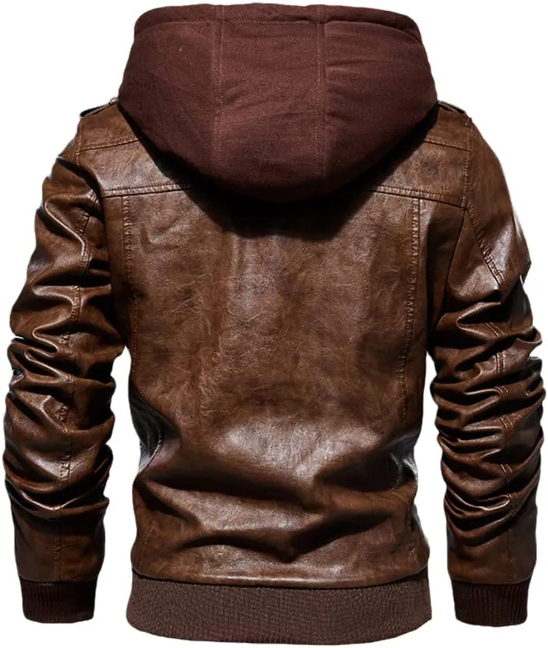 Alloaone Mens Leather Jacket Hooded Motorcycle PU Jacket Retro Zipper Leather Jackets Coat