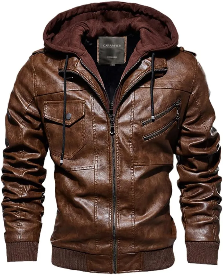 Alloaone Mens Leather Jacket Hooded Motorcycle PU Jacket Retro Zipper Leather Jackets Coat