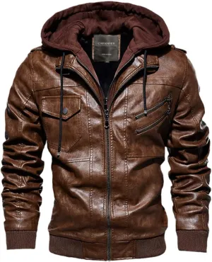 Alloaone Mens Leather Jacket Hooded Motorcycle PU Jacket Retro Zipper Leather Jackets Coat