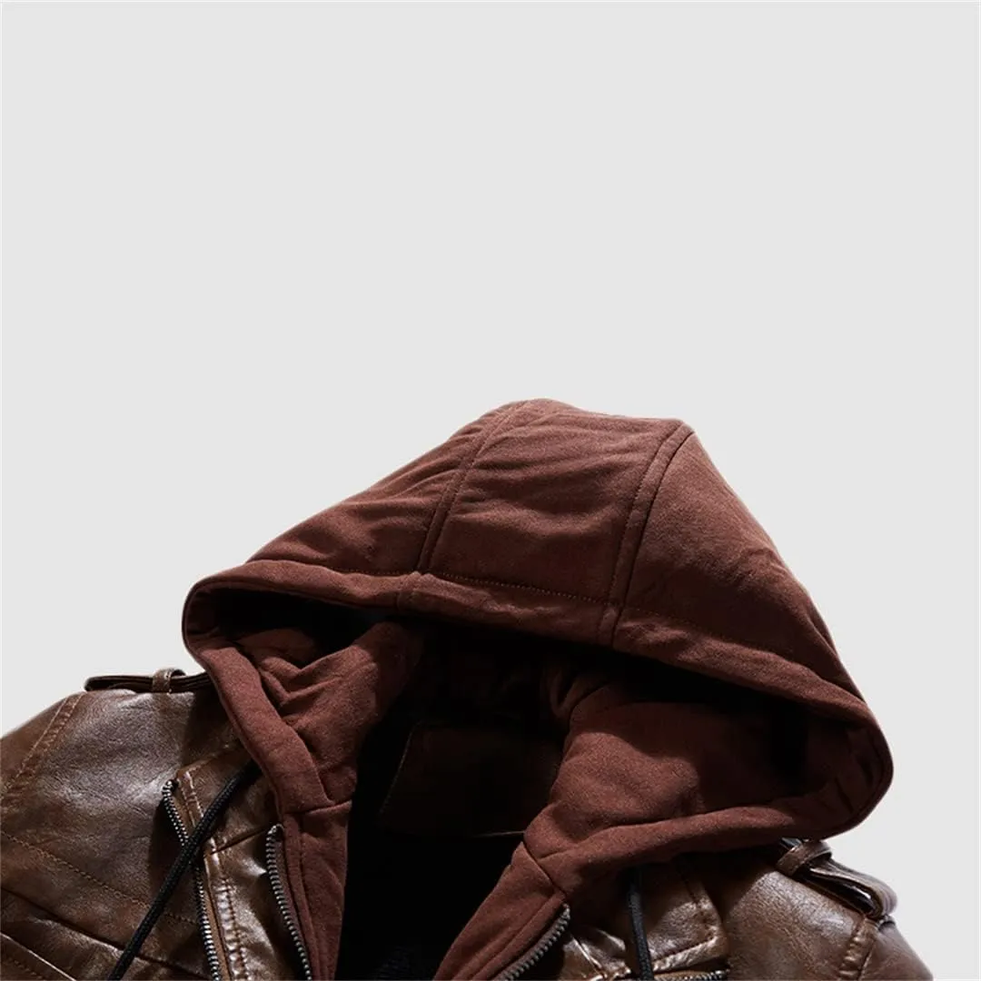 Alloaone Mens Leather Jacket Hooded Motorcycle PU Jacket Retro Zipper Leather Jackets Coat