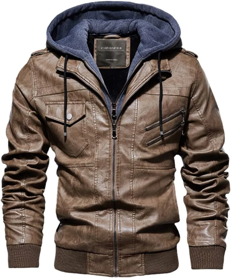 Alloaone Mens Leather Jacket Hooded Motorcycle PU Jacket Retro Zipper Leather Jackets Coat