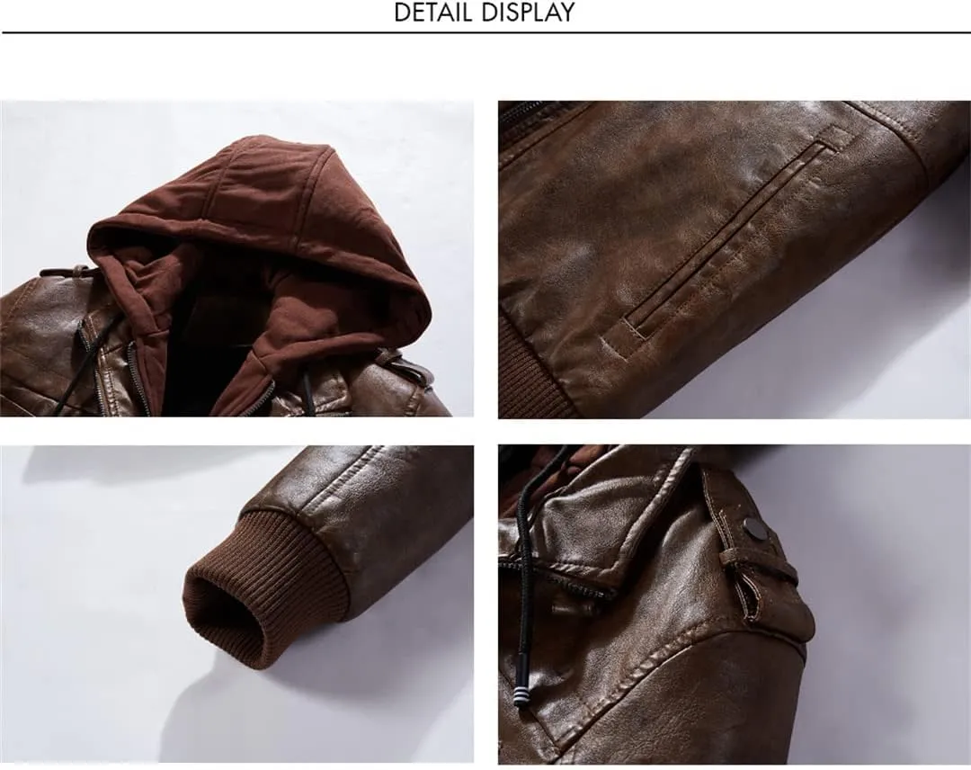 Alloaone Mens Leather Jacket Hooded Motorcycle PU Jacket Retro Zipper Leather Jackets Coat