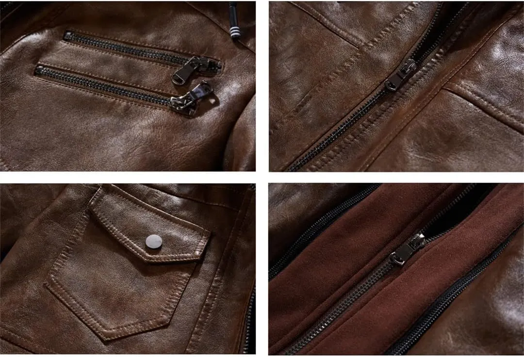 Alloaone Mens Leather Jacket Hooded Motorcycle PU Jacket Retro Zipper Leather Jackets Coat