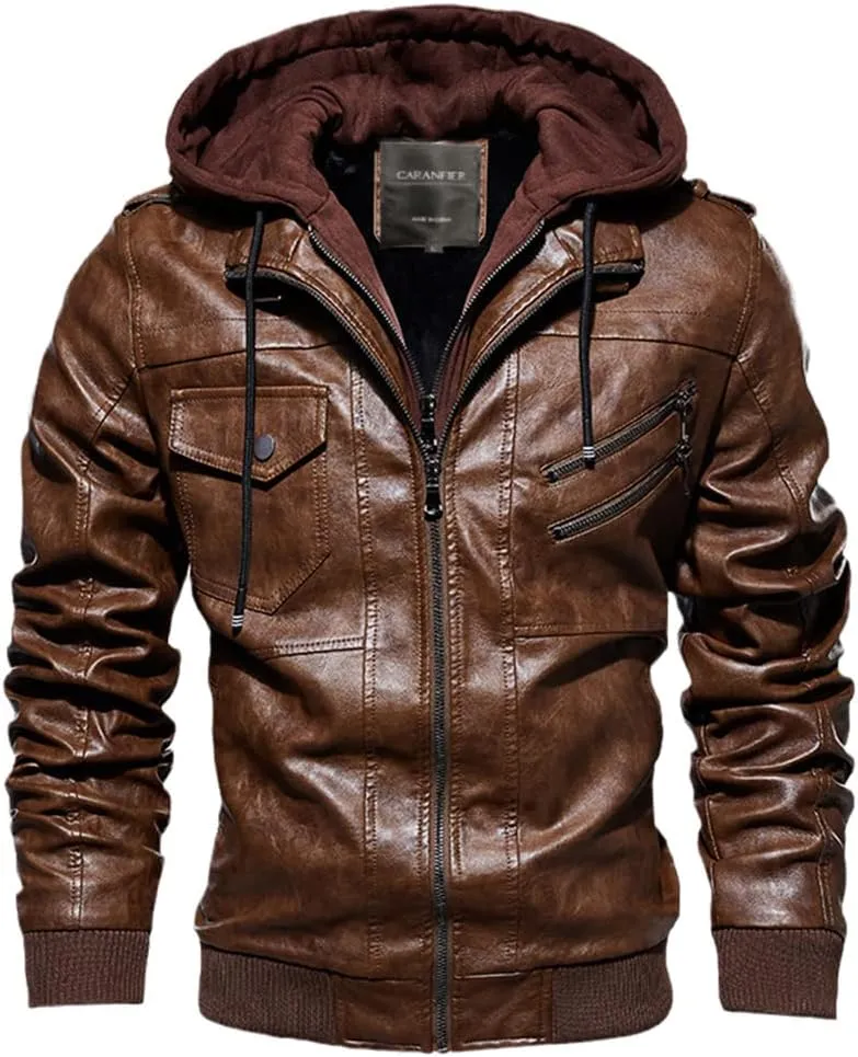 Alloaone Mens Leather Jacket Hooded Motorcycle PU Jacket Retro Zipper Leather Jackets Coat