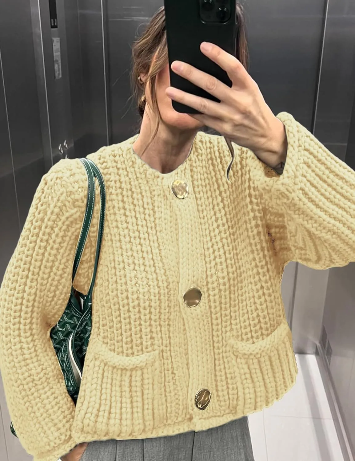 Arssm Womens Cropped Cardigan Sweaters Chunky Open Front Button Down Knit Sweater Long Sleeve Loose Cardigan Outerwear