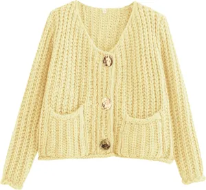 Arssm Womens Cropped Cardigan Sweaters Chunky Open Front Button Down Knit Sweater Long Sleeve Loose Cardigan Outerwear