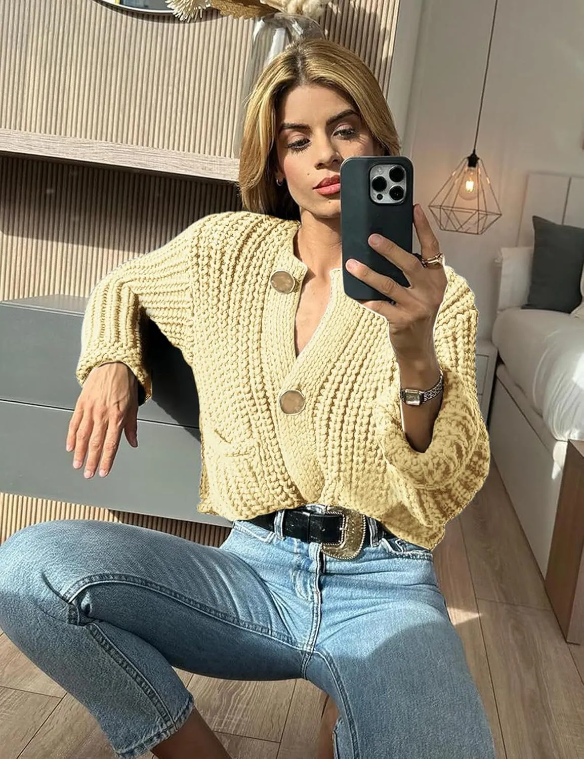 Arssm Womens Cropped Cardigan Sweaters Chunky Open Front Button Down Knit Sweater Long Sleeve Loose Cardigan Outerwear