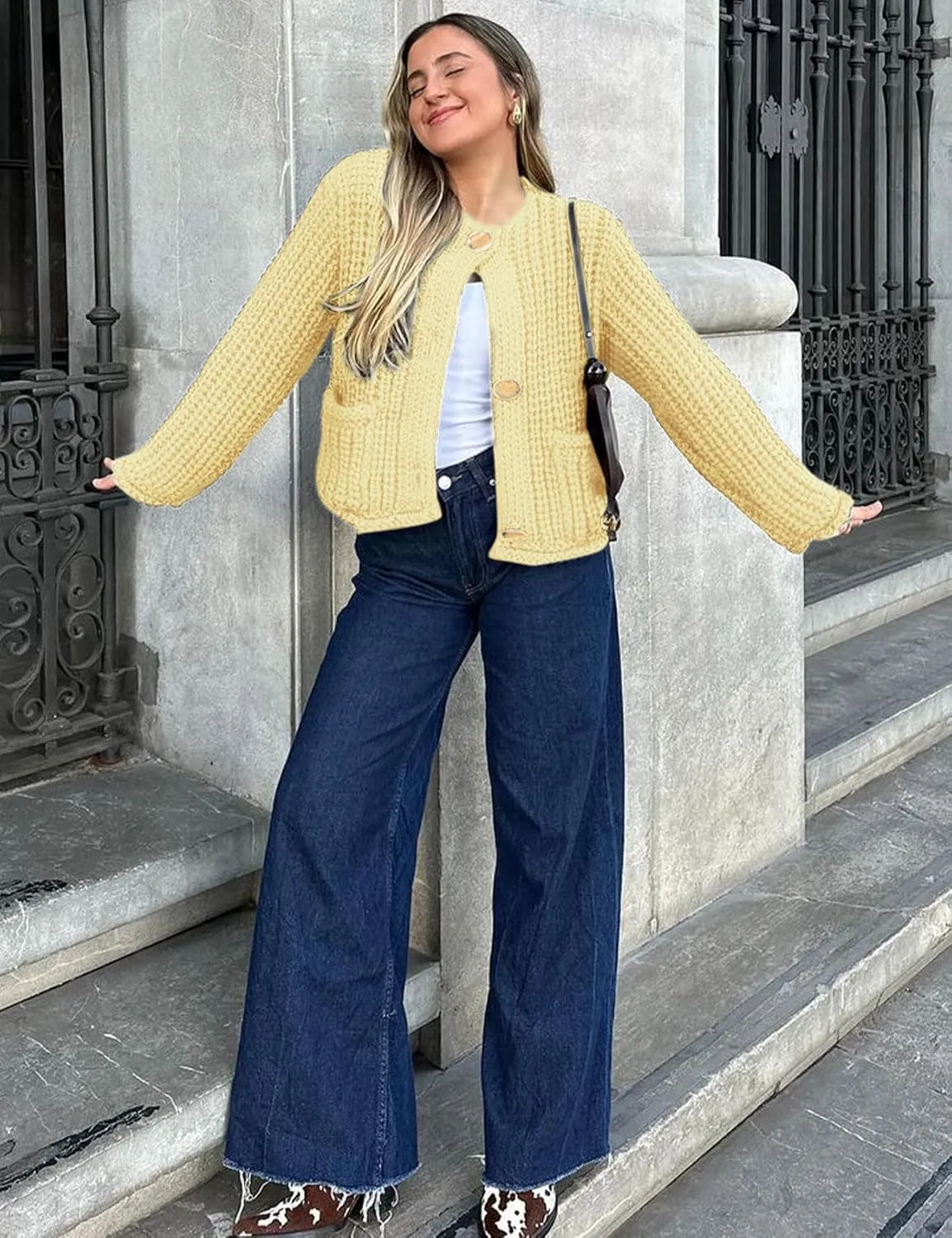 Arssm Womens Cropped Cardigan Sweaters Chunky Open Front Button Down Knit Sweater Long Sleeve Loose Cardigan Outerwear