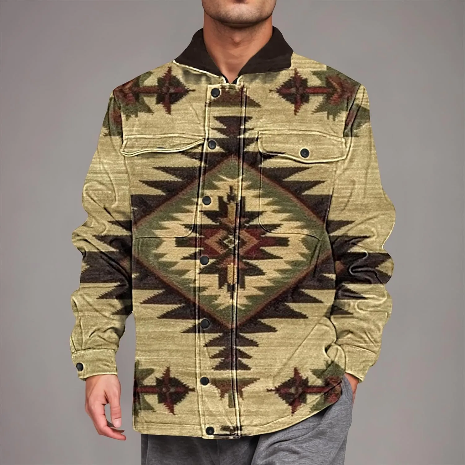 Aztec Jacket for Men Winter Warm Fleece Lined Casual Tribal Printed Coats Thicken Sherpa Lined Zip Up Outerwear