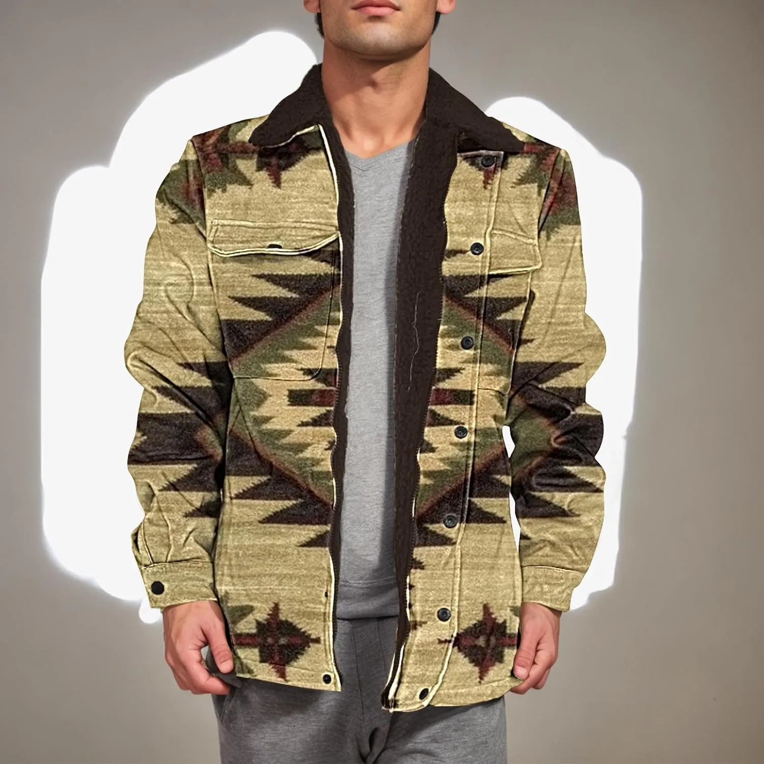 Aztec Jacket for Men Winter Warm Fleece Lined Casual Tribal Printed Coats Thicken Sherpa Lined Zip Up Outerwear
