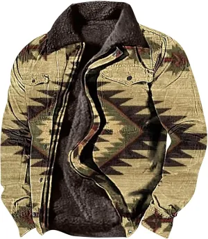 Aztec Jacket for Men Winter Warm Fleece Lined Casual Tribal Printed Coats Thicken Sherpa Lined Zip Up Outerwear