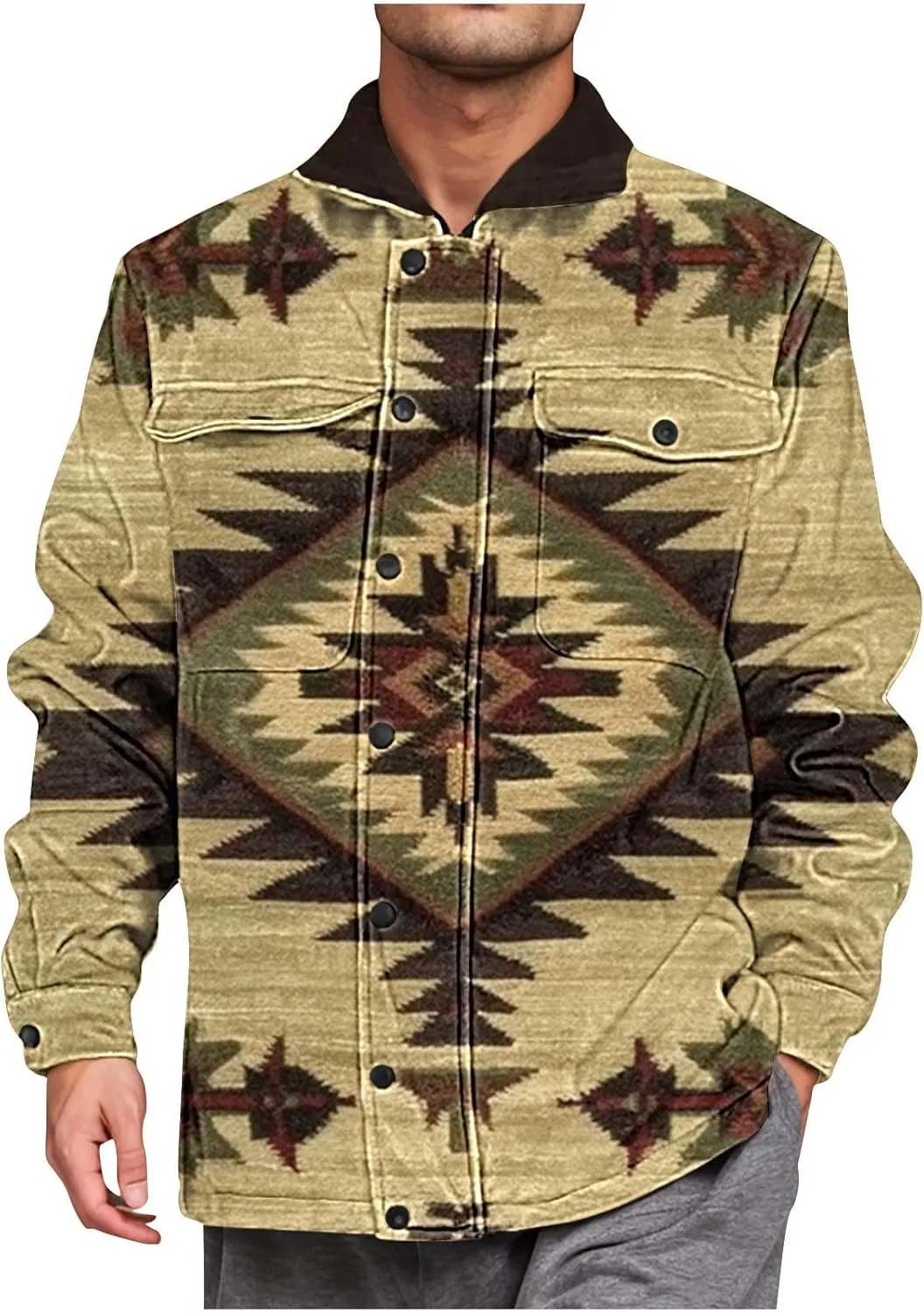 Aztec Jacket for Men Winter Warm Fleece Lined Casual Tribal Printed Coats Thicken Sherpa Lined Zip Up Outerwear