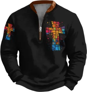 Bengbobar Mens Christian Sweatshirts Casual 1/4 Zip Jacket Jesus Cross Print Sweatshirt Fall Fashion Sweatshirts