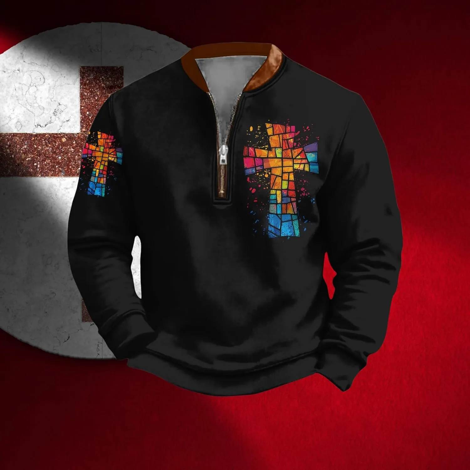 Bengbobar Mens Christian Sweatshirts Casual 1/4 Zip Jacket Jesus Cross Print Sweatshirt Fall Fashion Sweatshirts