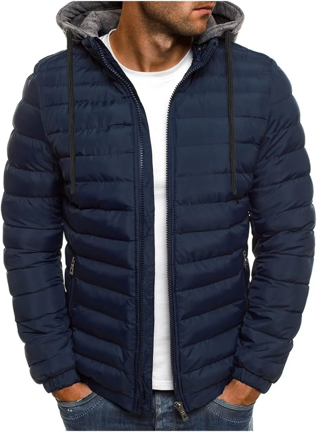 BIFUTON Lightweight Puffer Jacket with Hood Men Warm Thick Down Hoodie Full Zip Puffy Coat for Hiking Travel Winter Outwears
