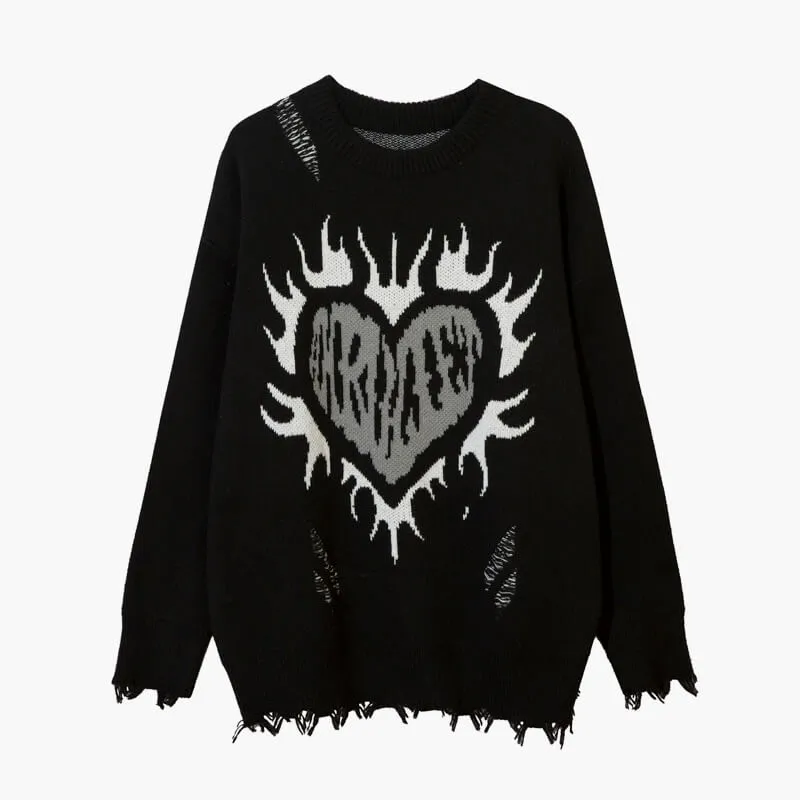 Black Heart in Flames Ripped Sweater