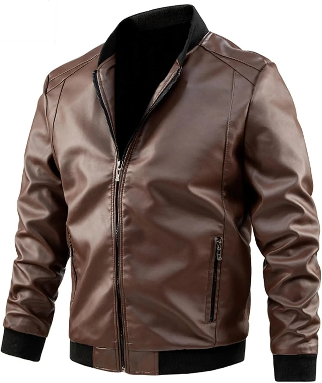 Black Leather Jacket Men Solid Color Zip PU Leather Jacket Short Lapel Motorcycle Leather Leather Motorcycle Jacket