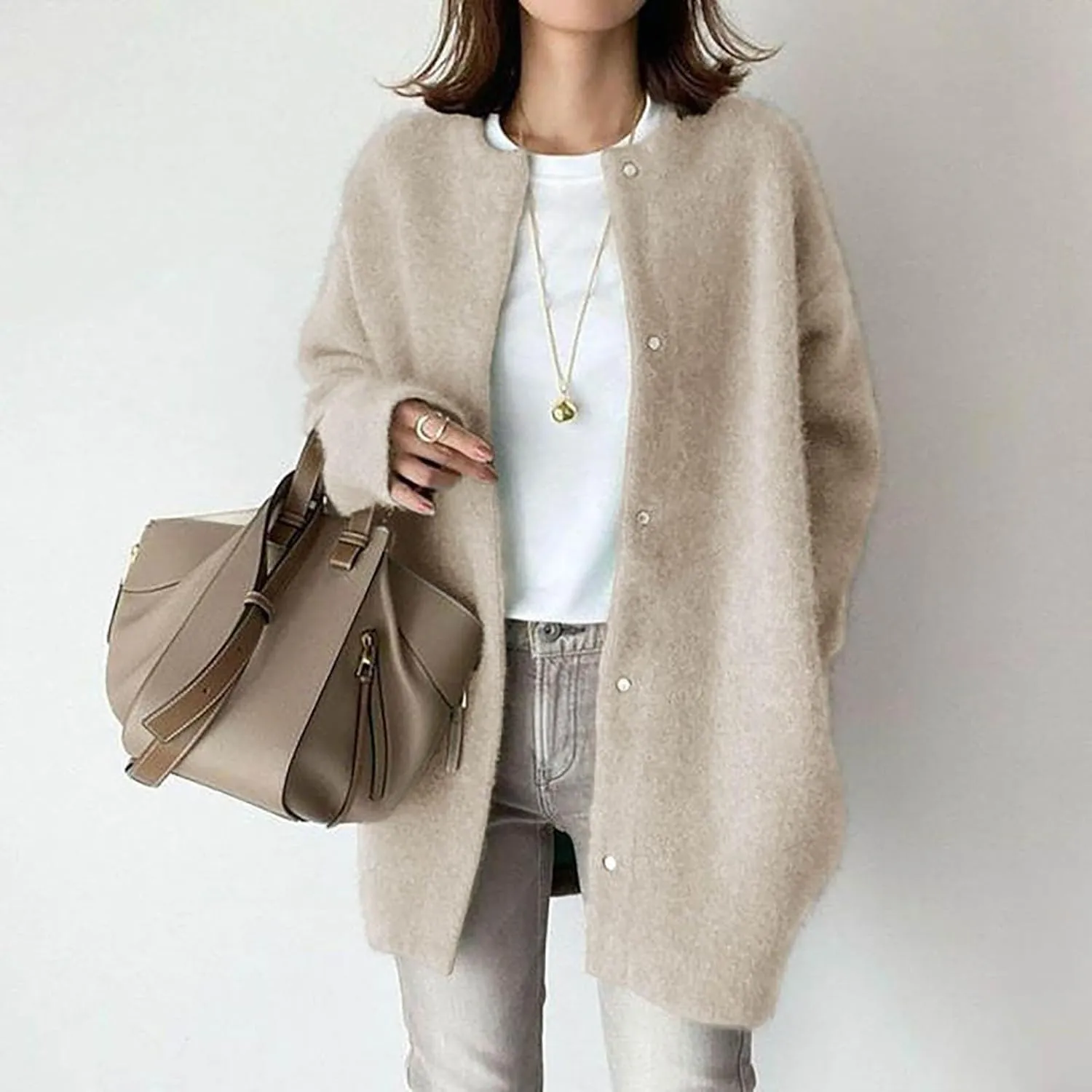 Black Trench Coat Women,Women's Wool Coat Slim Trench Long Coat Fall Winter Elegant Round Neck Straight Sweaters