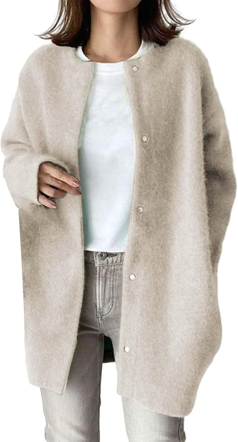 Black Trench Coat Women,Women's Wool Coat Slim Trench Long Coat Fall Winter Elegant Round Neck Straight Sweaters