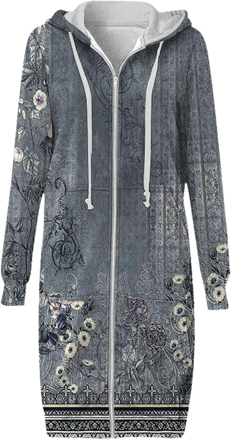 Caidigan Coat for Women Loose Fit Drawstring Hooded Open Front Long Sleeve Full Zip Up Jackets Autumn Casual Hoodies