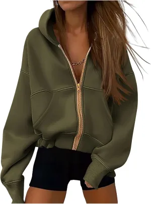 Canbebig Zip Up Hoodies Women Casual Cropped Sweatshirts Long Sleeve Fleece Hooded Jackets 2024 Trendy Fall Winter Clothes