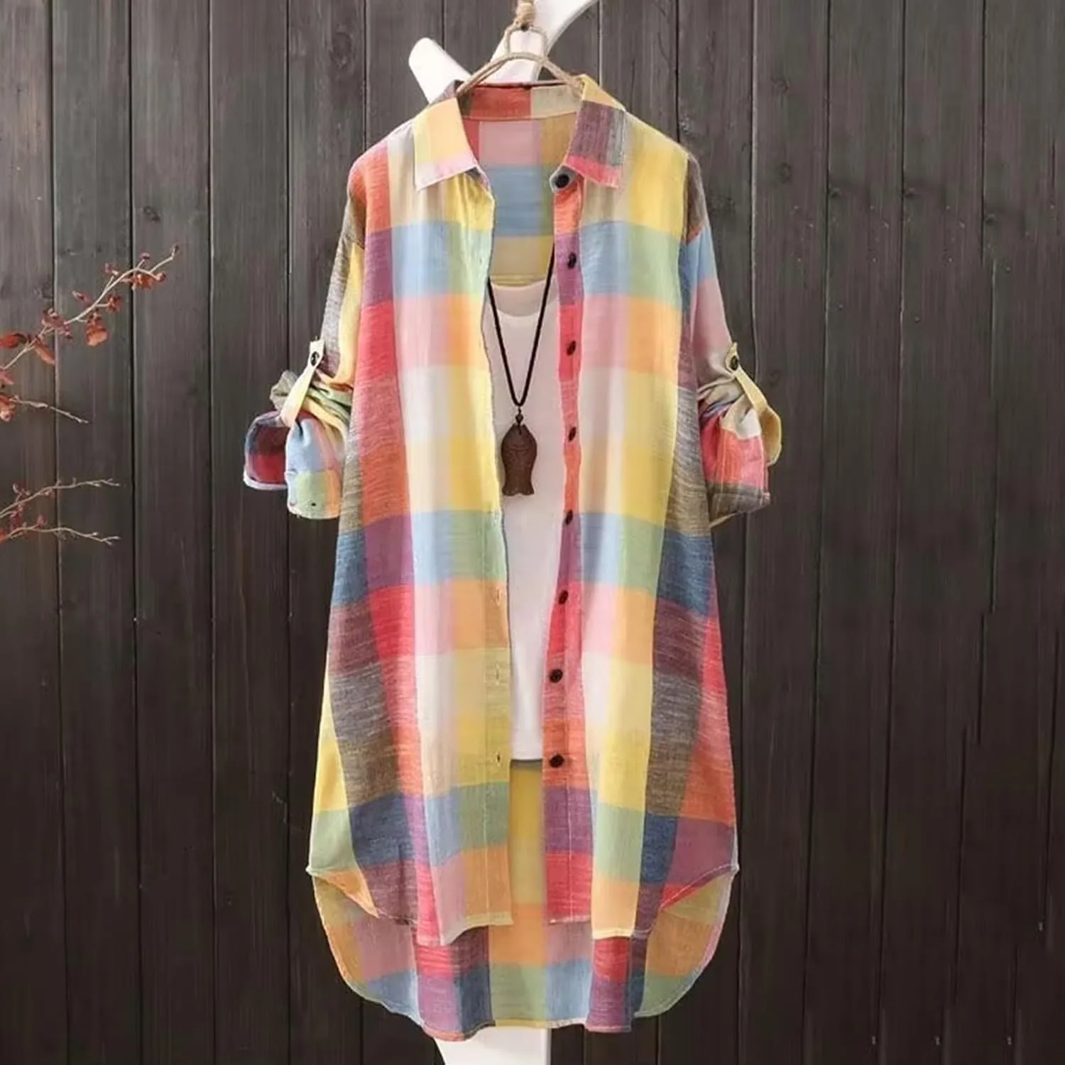Cardigan for Women 2024 Plaid Print Tunic Tops Fall Fashion Plus Size Open Front Roll Up Sleeve Button Down Shirts