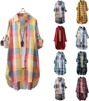 Cardigan for Women 2024 Plaid Print Tunic Tops Fall Fashion Plus Size Open Front Roll Up Sleeve Button Down Shirts
