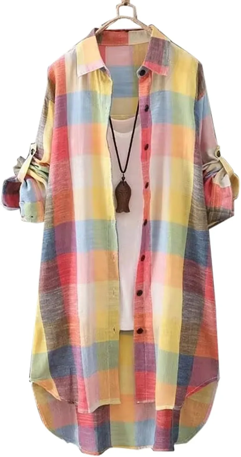 Cardigan for Women 2024 Plaid Print Tunic Tops Fall Fashion Plus Size Open Front Roll Up Sleeve Button Down Shirts