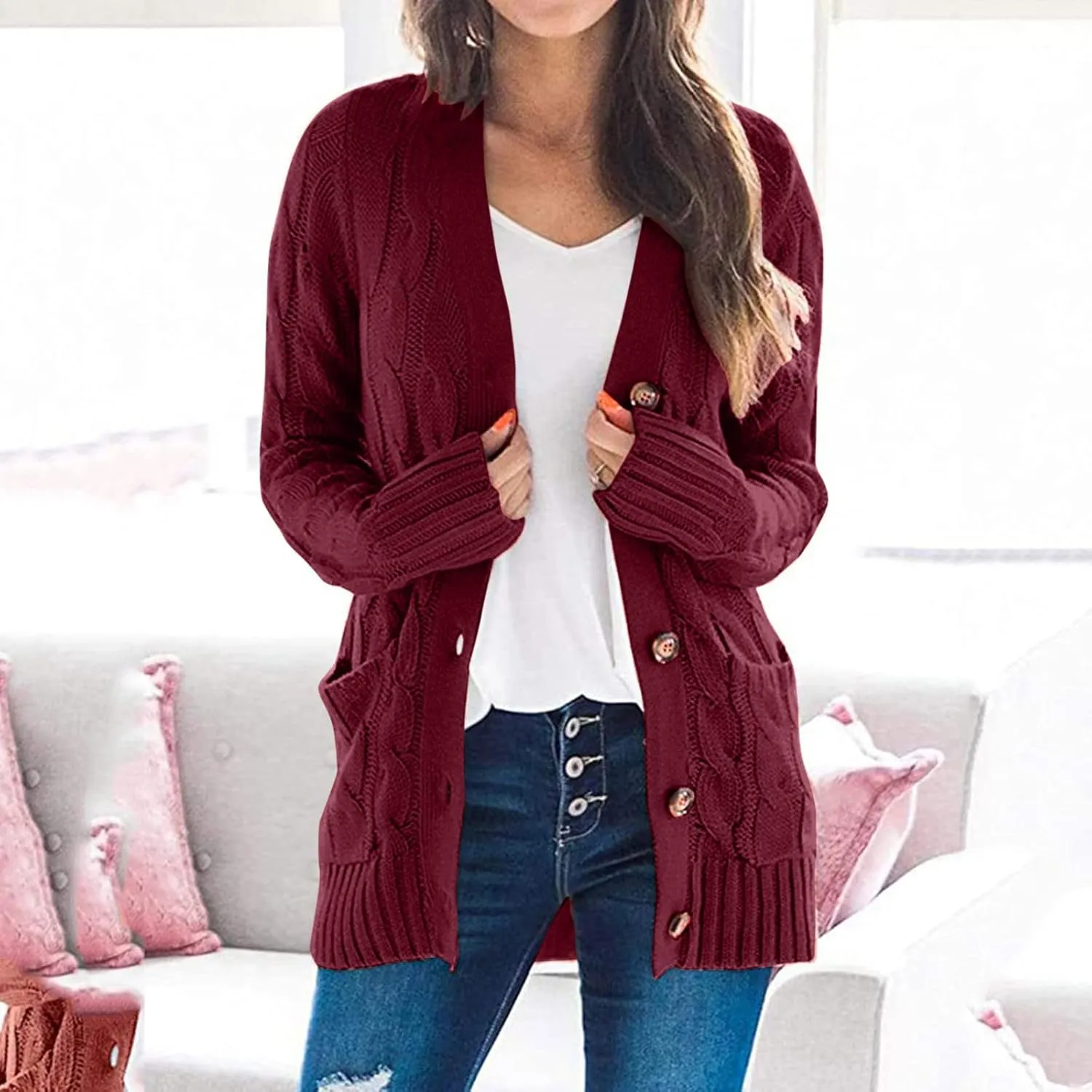 Cardigan Sweater for Women Open Front Button Sweaters with Pockets Long Sleeve Button Down Cardigans Sweaters