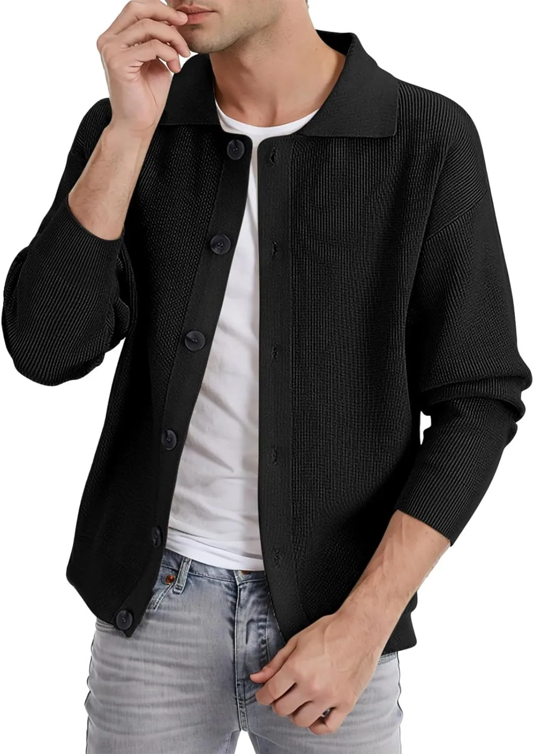 Cardigan Sweaters for Men Ribbed Knit Sweater Button Down Open Front Cardigan Casual Outwear V Neck Jacket with Pockets