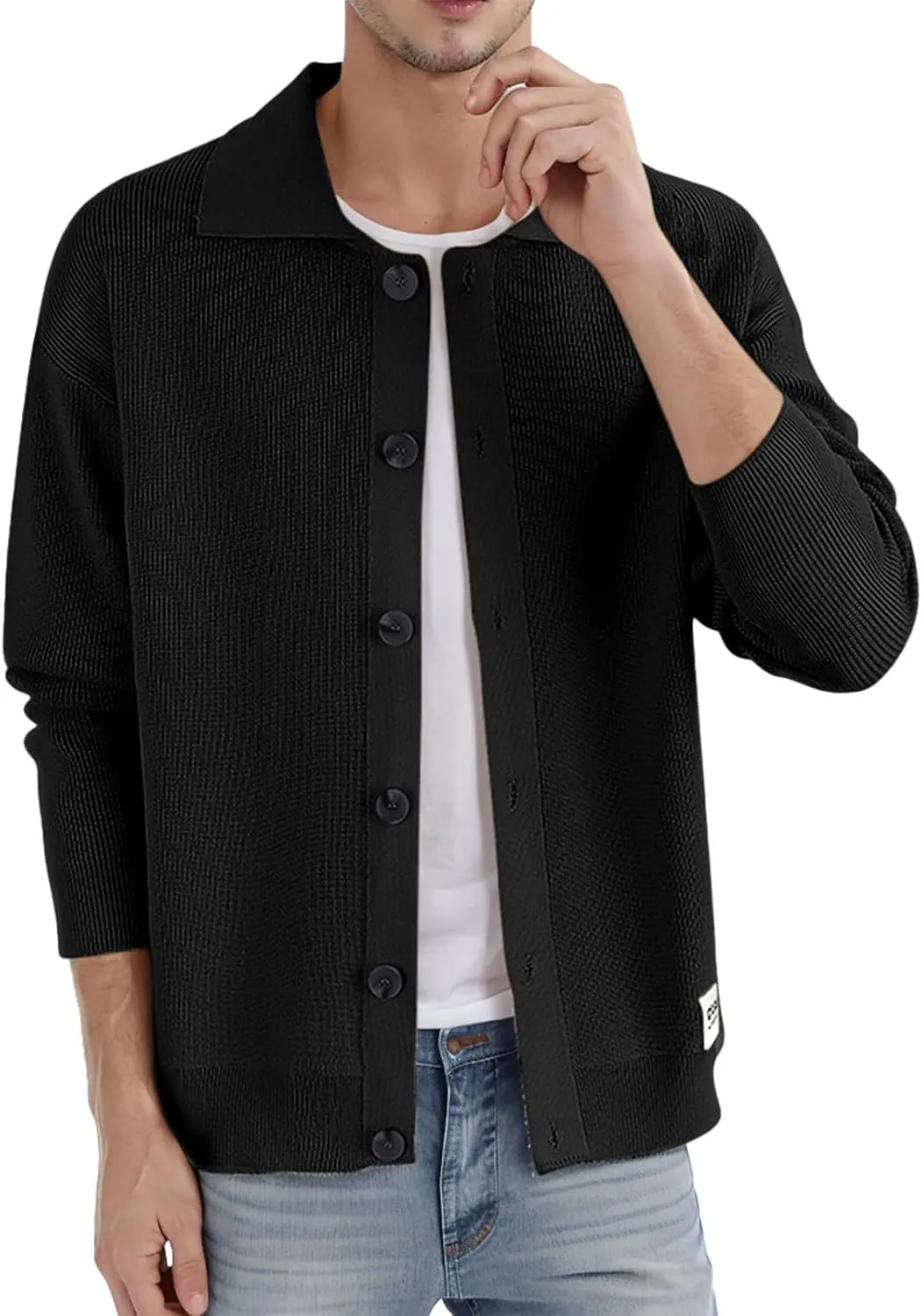 Cardigan Sweaters for Men Ribbed Knit Sweater Button Down Open Front Cardigan Casual Outwear V Neck Jacket with Pockets