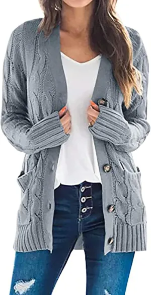 Cardigan Sweaters for Women 2024 Casual Long Sleeve Button Down Open Front Jackets Plus Size Cable Knit Sweater with Pockets