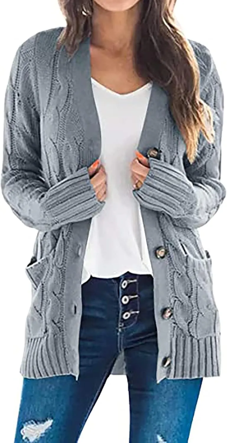 Cardigan Sweaters for Women 2024 Casual Long Sleeve Button Down Open Front Jackets Plus Size Cable Knit Sweater with Pockets