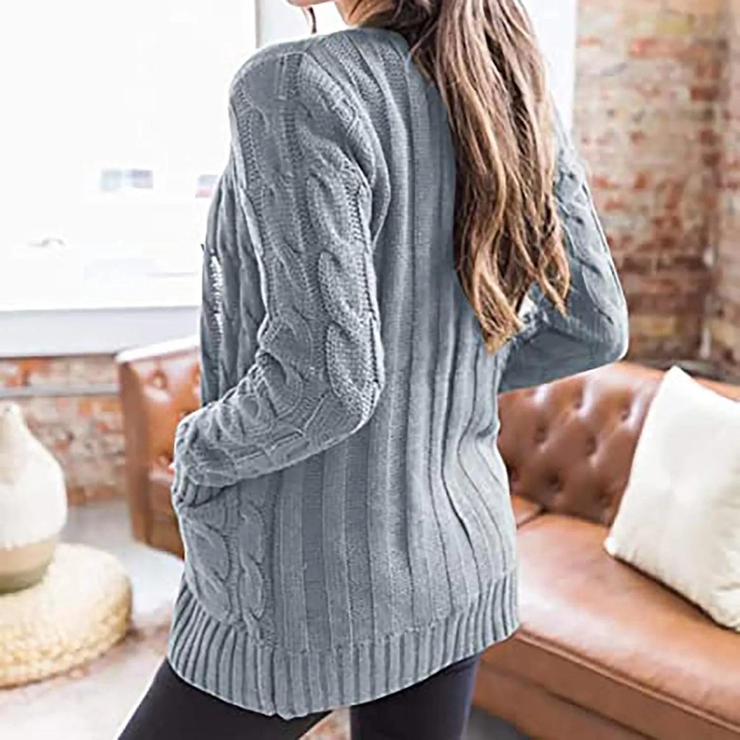 Cardigan Sweaters for Women 2024 Casual Long Sleeve Button Down Open Front Jackets Plus Size Cable Knit Sweater with Pockets