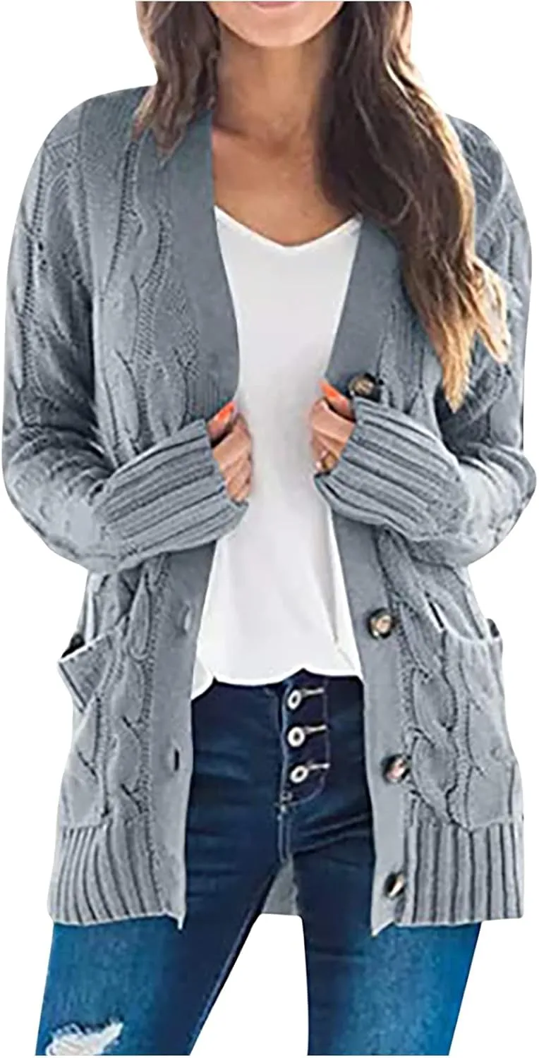 Cardigan Sweaters for Women 2024 Casual Long Sleeve Button Down Open Front Jackets Plus Size Cable Knit Sweater with Pockets