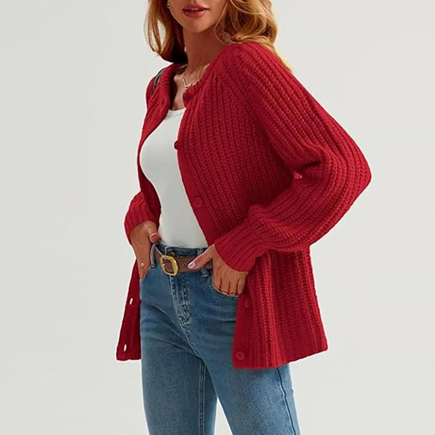 Cardigan Sweaters for Women Long Sleeve Button Chunky Knit Sweater Fall Crew Neck Loose Fit Open Front Cardigan
