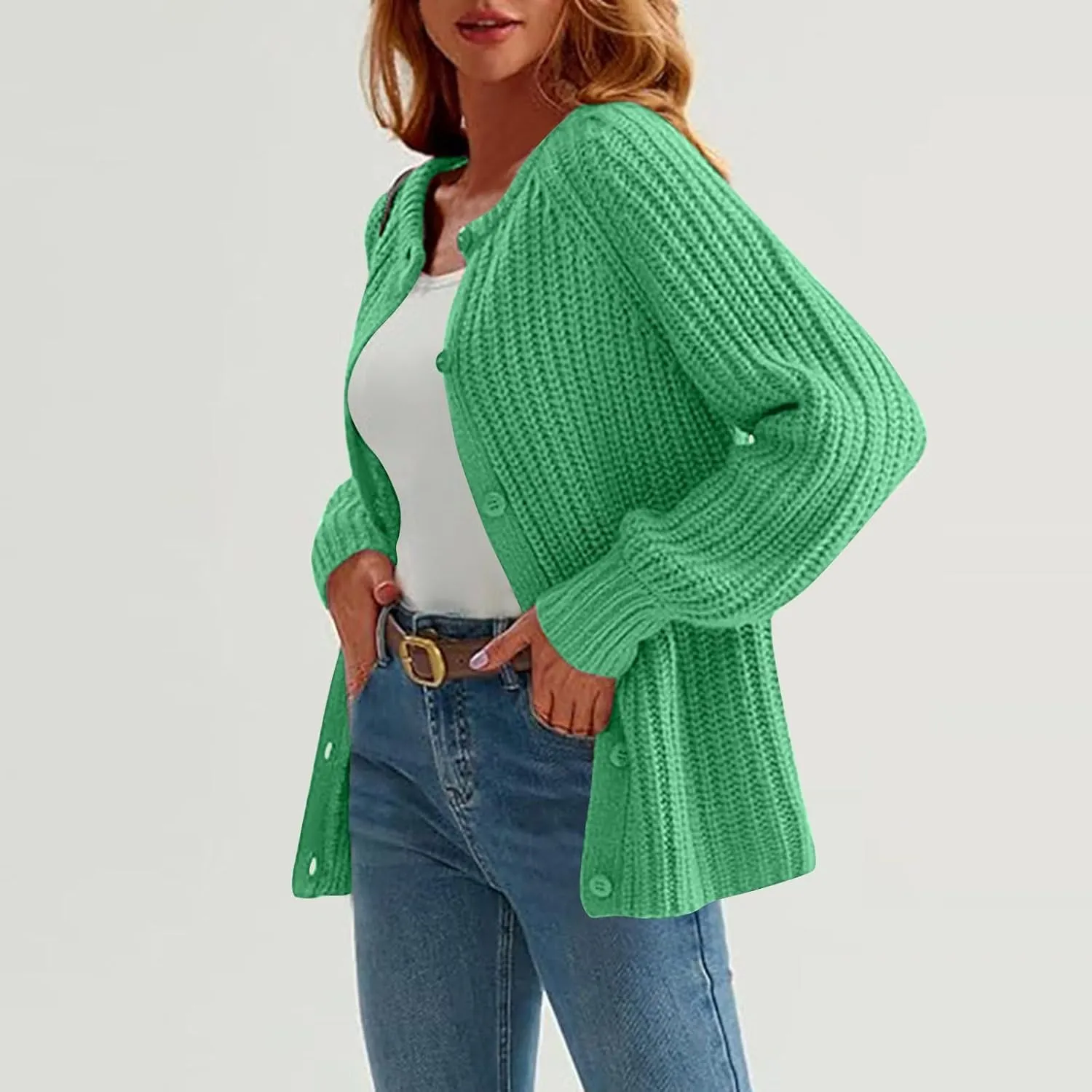 Cardigan Sweaters for Women Long Sleeve Button Chunky Knit Sweater Fall Crew Neck Loose Fit Open Front Cardigan