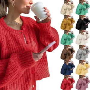 Cardigan Sweaters for Women Long Sleeve Button Chunky Knit Sweater Fall Crew Neck Loose Fit Open Front Cardigan