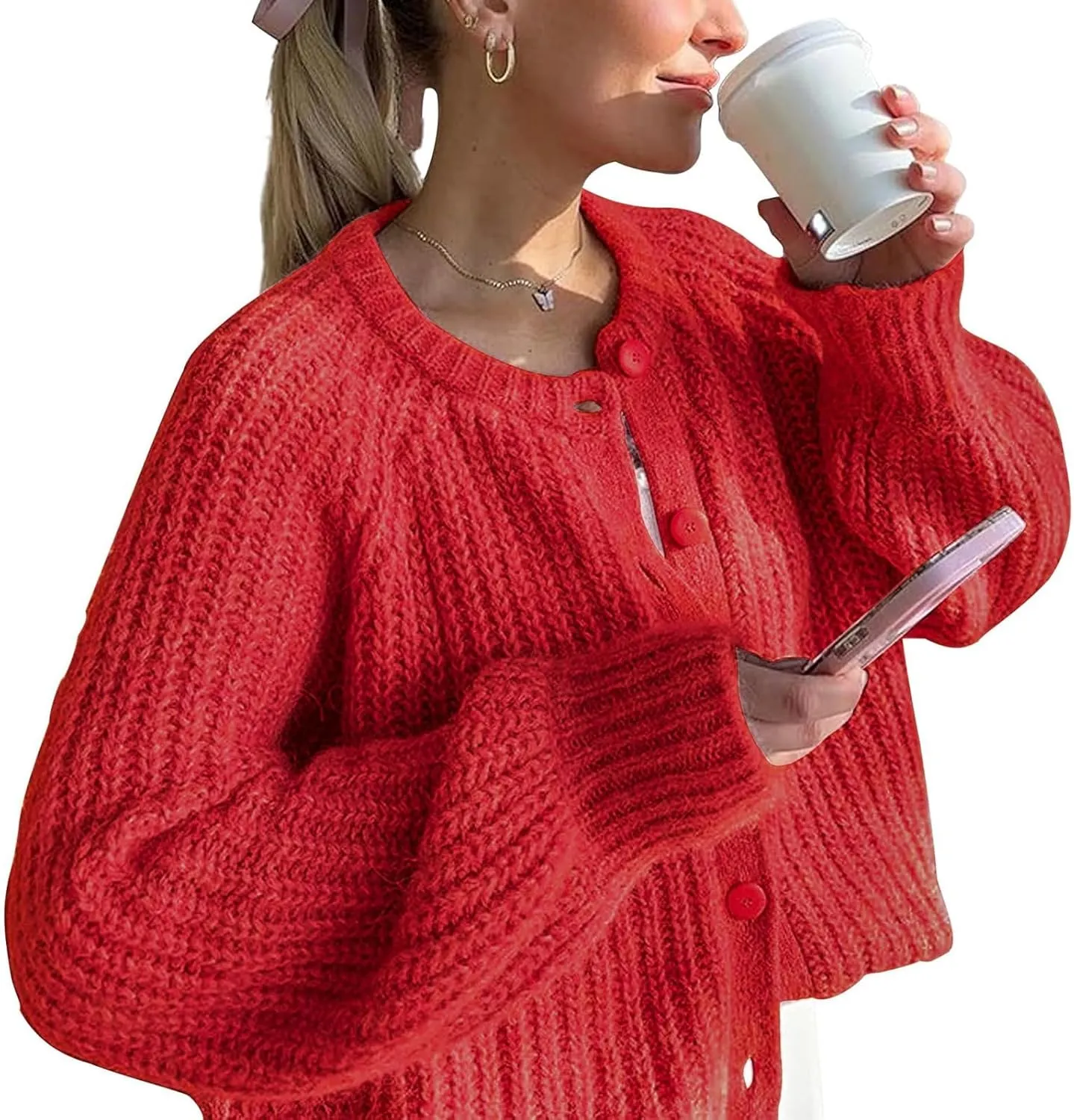 Cardigan Sweaters for Women Long Sleeve Button Chunky Knit Sweater Fall Crew Neck Loose Fit Open Front Cardigan