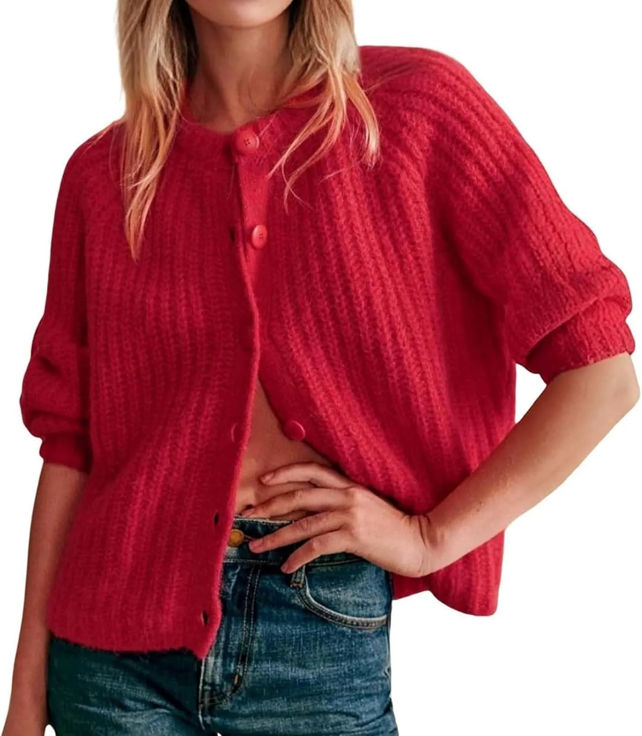 Cardigan Sweaters for Women Long Sleeve Button Chunky Knit Sweater Fall Crew Neck Loose Fit Open Front Cardigan