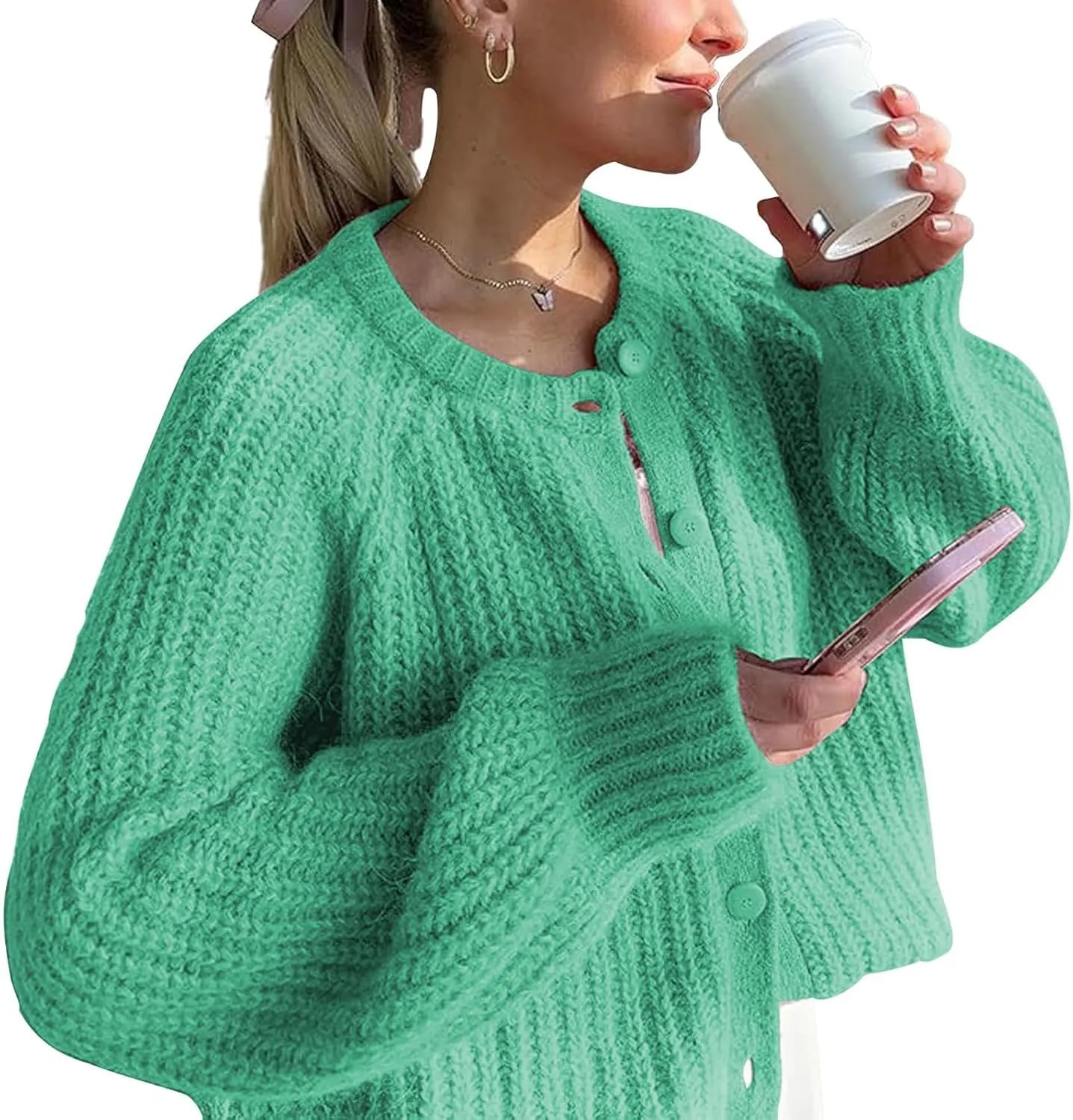 Cardigan Sweaters for Women Long Sleeve Button Chunky Knit Sweater Fall Crew Neck Loose Fit Open Front Cardigan