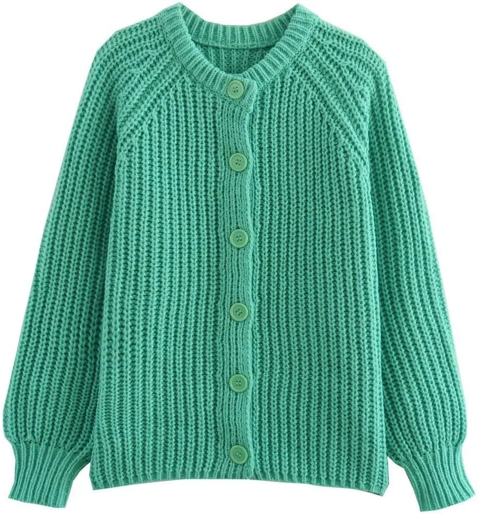Cardigan Sweaters for Women Long Sleeve Button Chunky Knit Sweater Fall Crew Neck Loose Fit Open Front Cardigan