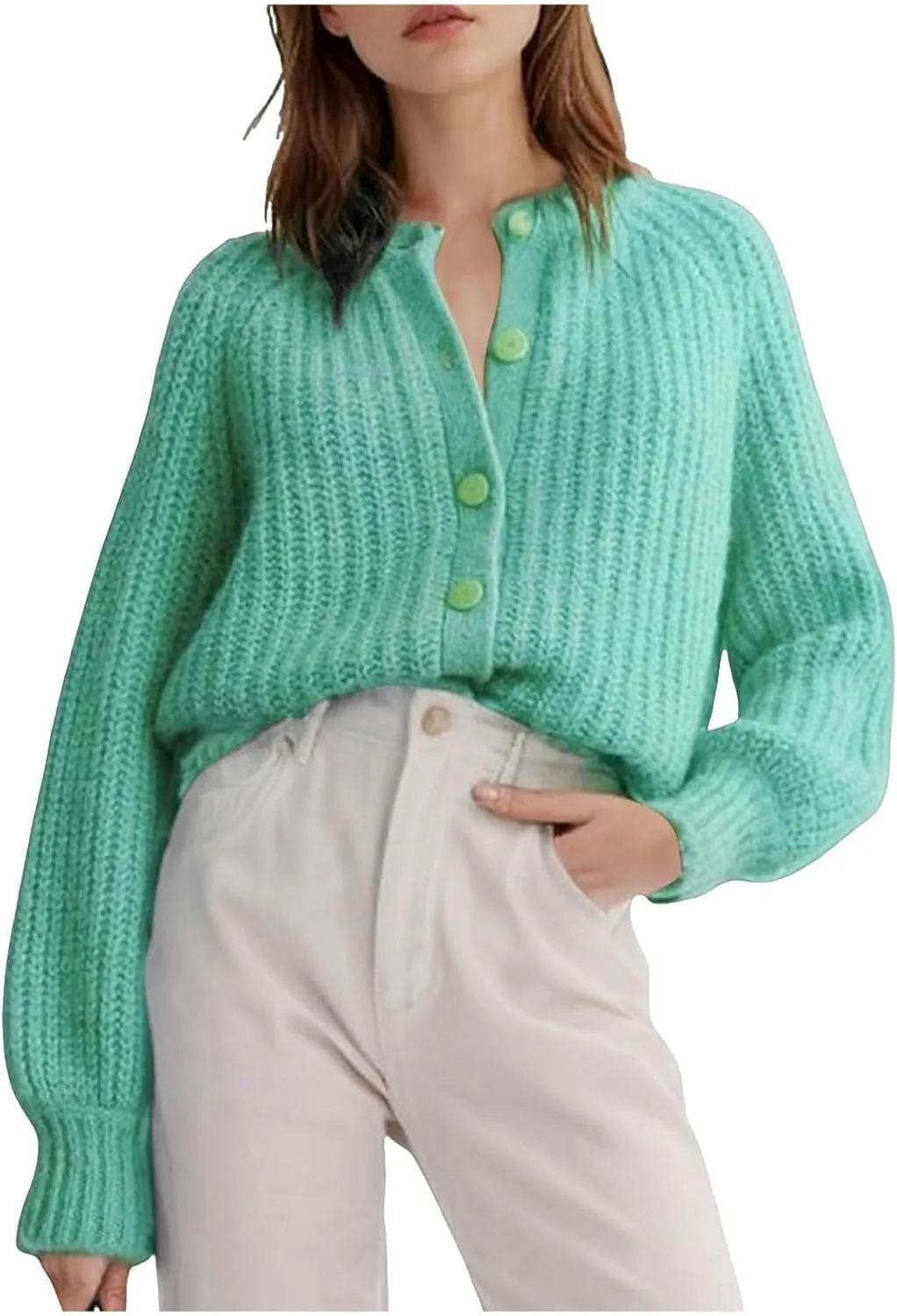 Cardigan Sweaters for Women Long Sleeve Button Chunky Knit Sweater Fall Crew Neck Loose Fit Open Front Cardigan