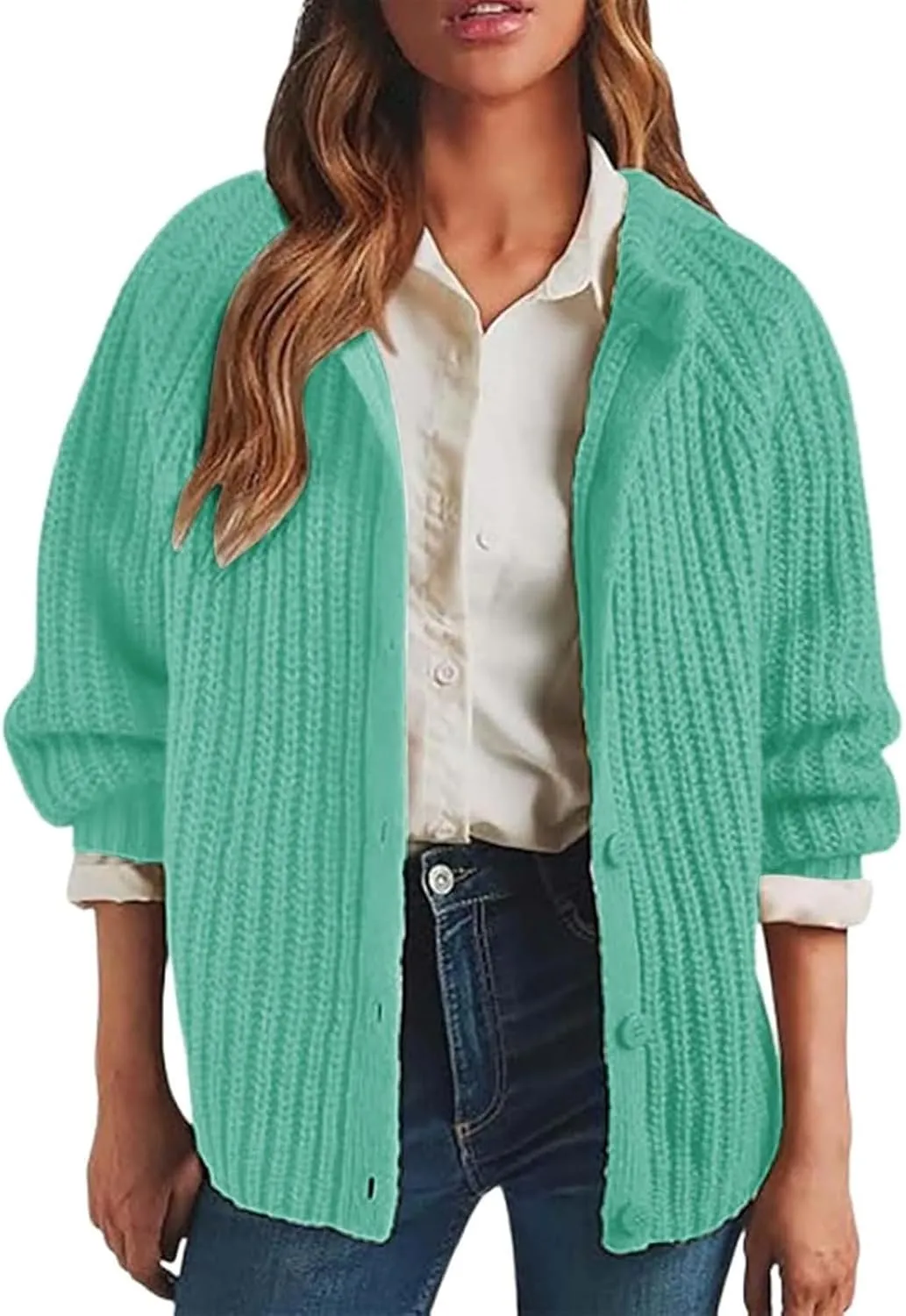 Cardigan Sweaters for Women Loose Fit Button Chunky Knit Sweater Fall Crew Neck Long Sleeve Open Front Cardigan