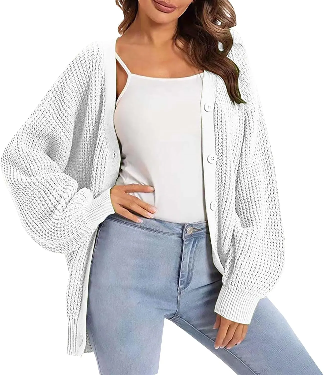 Cardigan Sweaters for Women Open Front Button Down Long Sleeve Knit Jacket Loose Fit Lightweight V Neck Outwear Coats