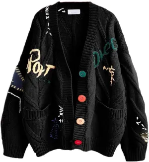 Cardigan Sweaters for Women Trendy Chunky Cable Knit Sweater V-Neck Button Down Sweaters Embroidery Open Front Coat
